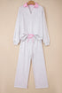 Frilled Collar Drop Shoulder Drawstring Wide Leg Pant Set