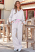 Frilled Collar Drop Shoulder Drawstring Wide Leg Pant Set
