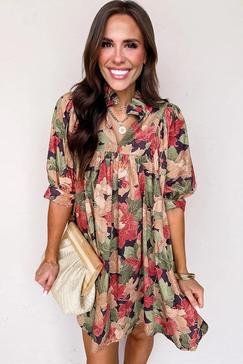 Frilled Collar Half Sleeve Floral Print A Line Dress