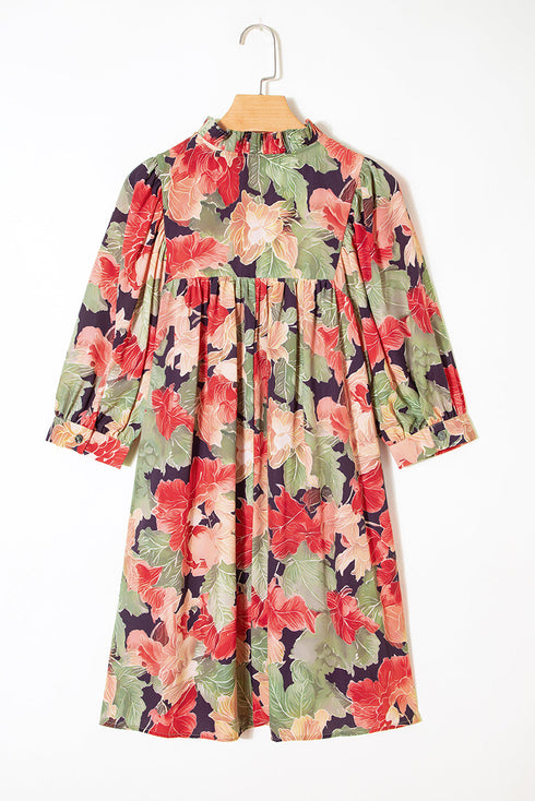 Frilled Collar Half Sleeve Floral Print A Line Dress