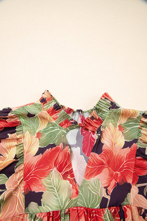 Frilled Collar Half Sleeve Floral Print A Line Dress