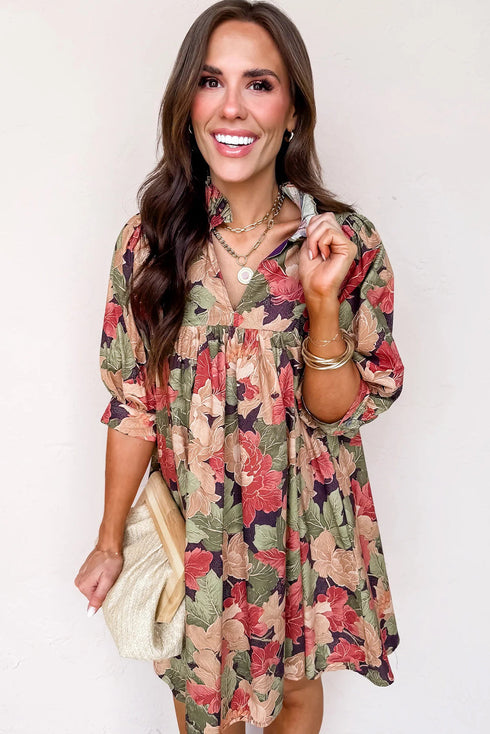 Frilled Collar Half Sleeve Floral Print A Line Dress