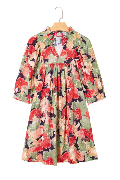 Frilled Collar Half Sleeve Floral Print A Line Dress
