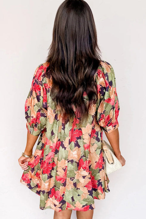 Frilled Collar Half Sleeve Floral Print A Line Dress