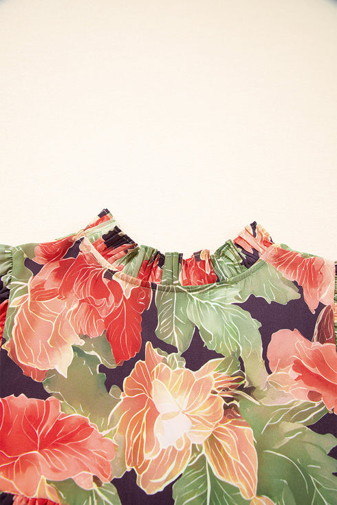 Frilled Collar Half Sleeve Floral Print A Line Dress