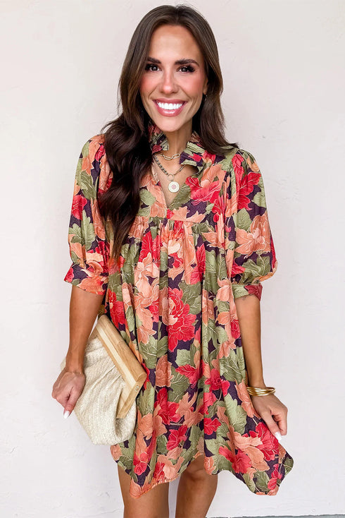 Frilled Collar Half Sleeve Floral Print A Line Dress