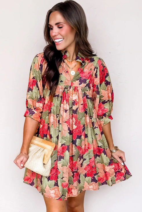 Frilled Collar Half Sleeve Floral Print A Line Dress