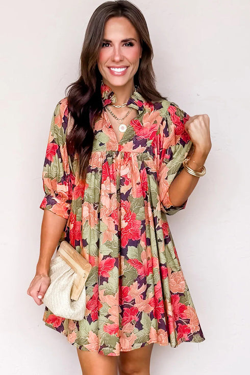 Frilled Collar Half Sleeve Floral Print A Line Dress