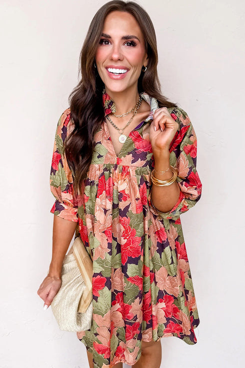 Frilled Collar Half Sleeve Floral Print A Line Dress