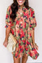 Frilled Collar Half Sleeve Floral Print A Line Dress