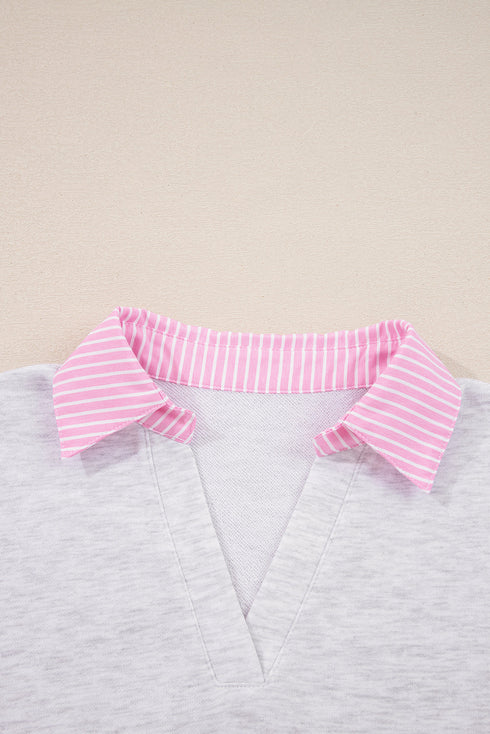 Frilled Collar Notched V Contrast Trim Drop Shoulder Pullover Paperbag Waist Wide Leg Drawstring Pant Set