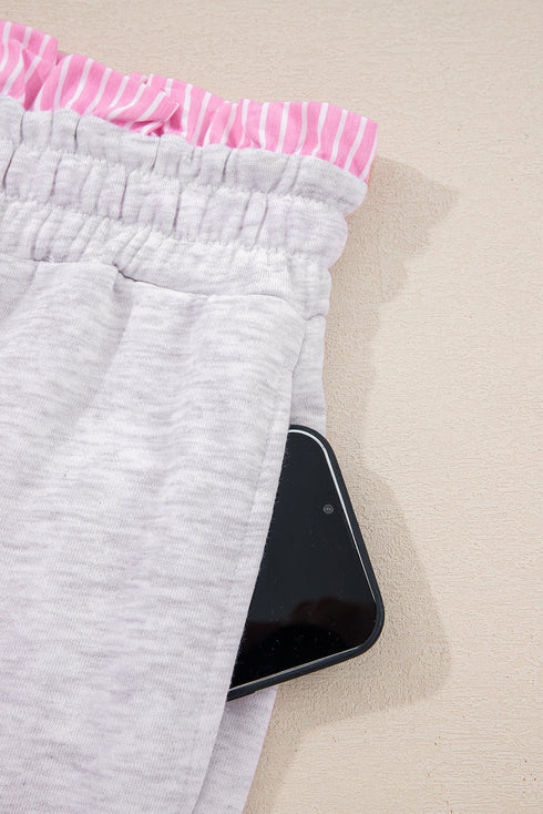 Frilled Collar Notched V Contrast Trim Drop Shoulder Pullover Paperbag Waist Wide Leg Drawstring Pant Set