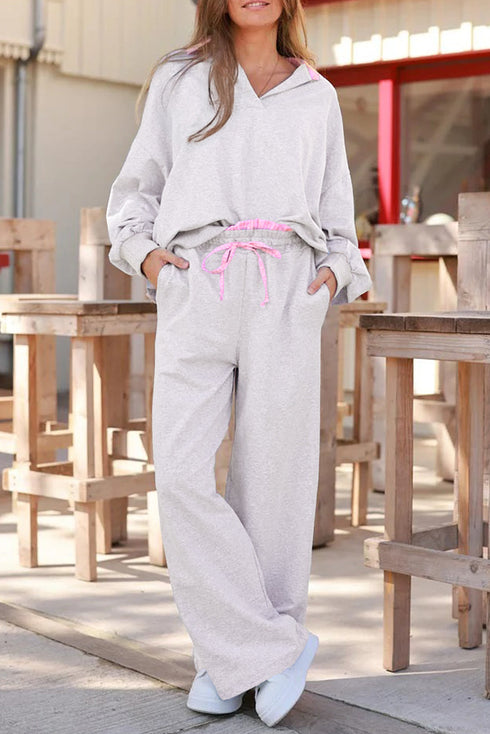 Frilled Collar Notched V Contrast Trim Drop Shoulder Pullover Paperbag Waist Wide Leg Drawstring Pant Set