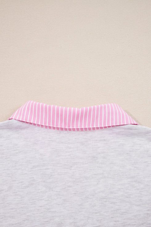 Frilled Collar Notched V Contrast Trim Drop Shoulder Pullover Paperbag Waist Wide Leg Drawstring Pant Set