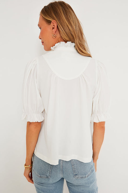 Frilled Edge Stand Neck Button Front Bubble Sleeve Blouse