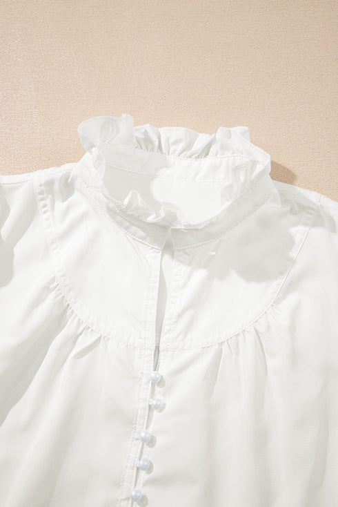 Frilled Edge Stand Neck Button Front Bubble Sleeve Blouse