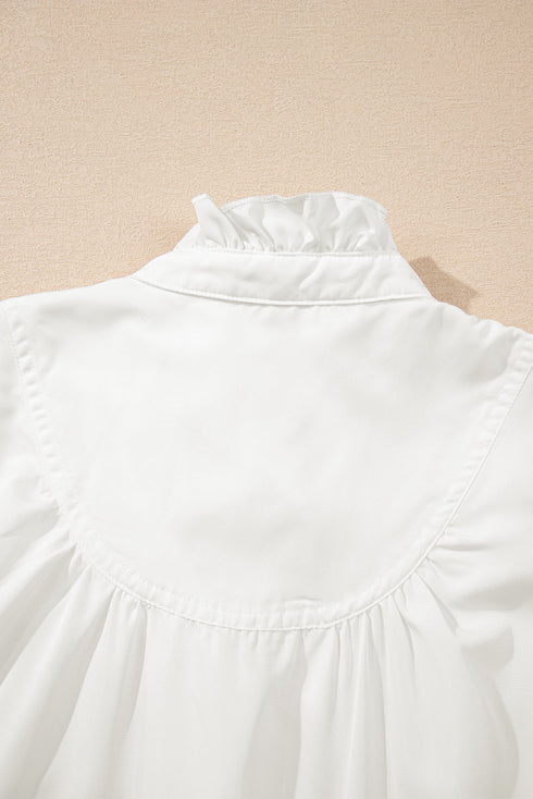 Frilled Edge Stand Neck Button Front Bubble Sleeve Blouse