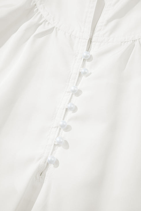 Frilled Edge Stand Neck Button Front Bubble Sleeve Blouse