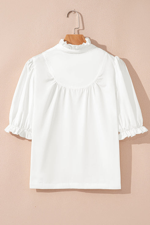 Frilled Edge Stand Neck Button Front Bubble Sleeve Blouse