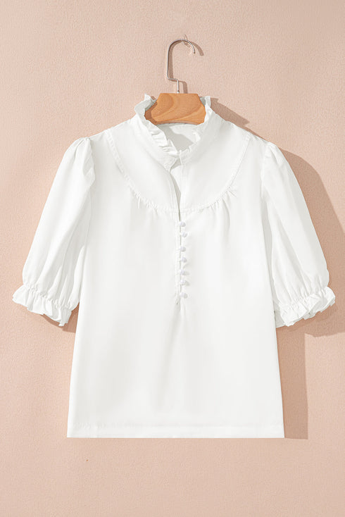 Frilled Edge Stand Neck Button Front Bubble Sleeve Blouse