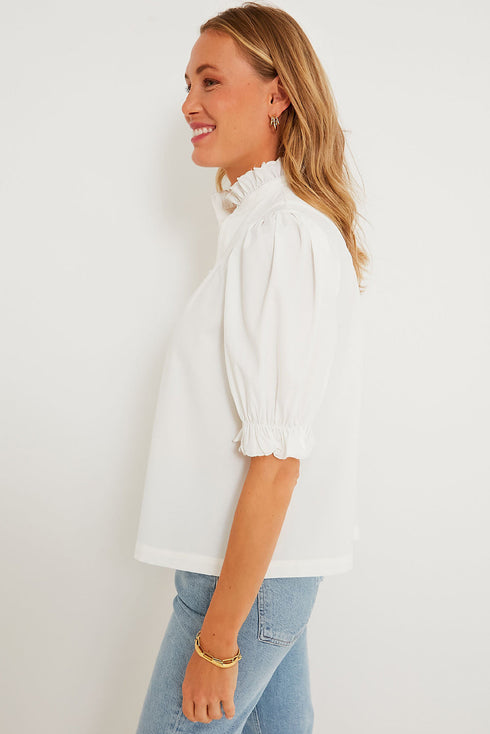 Frilled Edge Stand Neck Button Front Bubble Sleeve Blouse