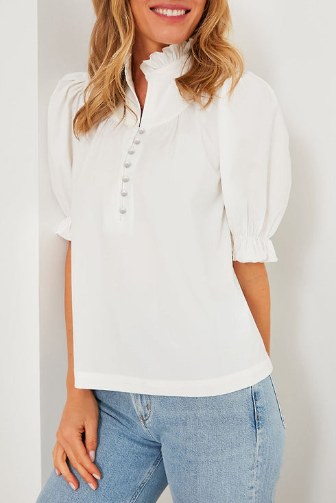 Frilled Edge Stand Neck Button Front Bubble Sleeve Blouse