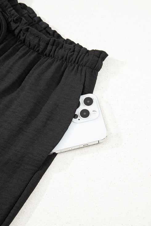 Frilled Elastic Waist Drawstring Wide Leg Utility Trousers