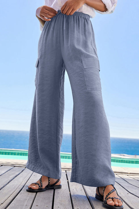 Frilled Elastic Waist Drawstring Wide Leg Utility Trousers