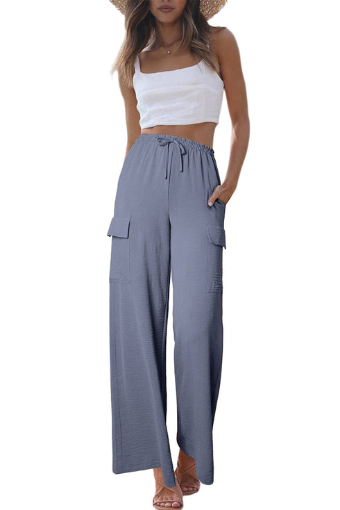 Frilled Elastic Waist Drawstring Wide Leg Utility Trousers
