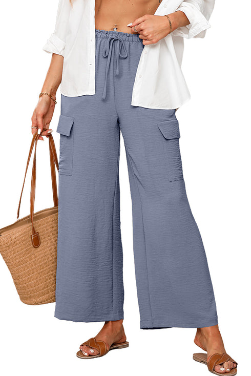 Frilled Elastic Waist Drawstring Wide Leg Utility Trousers