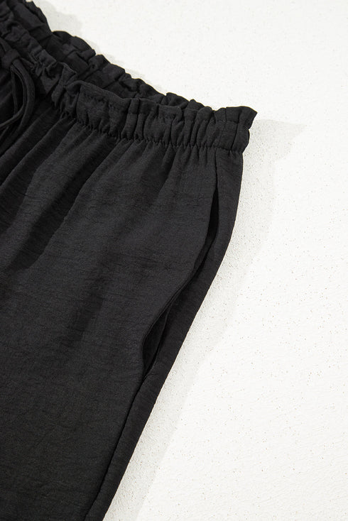 Frilled Elastic Waist Drawstring Wide Leg Utility Trousers