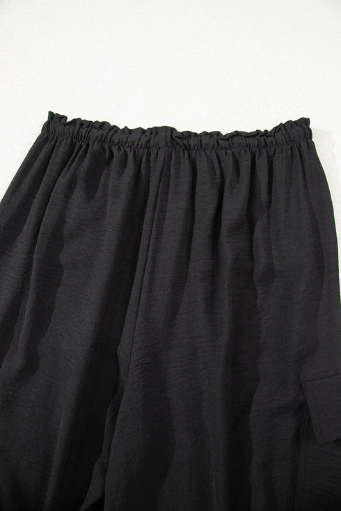 Frilled Elastic Waist Drawstring Wide Leg Utility Trousers
