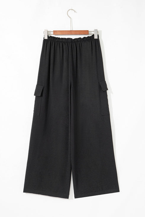 Frilled Elastic Waist Drawstring Wide Leg Utility Trousers