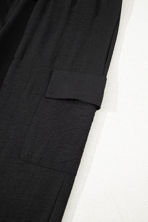 Frilled Elastic Waist Drawstring Wide Leg Utility Trousers