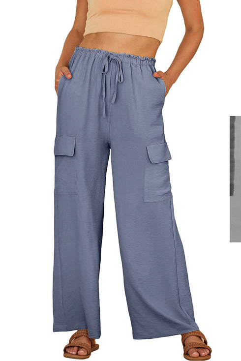 Frilled Elastic Waist Drawstring Wide Leg Utility Trousers
