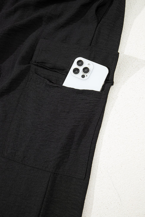 Frilled Elastic Waist Drawstring Wide Leg Utility Trousers