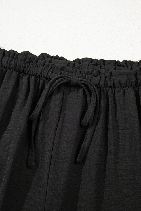 Frilled Elastic Waist Drawstring Wide Leg Utility Trousers