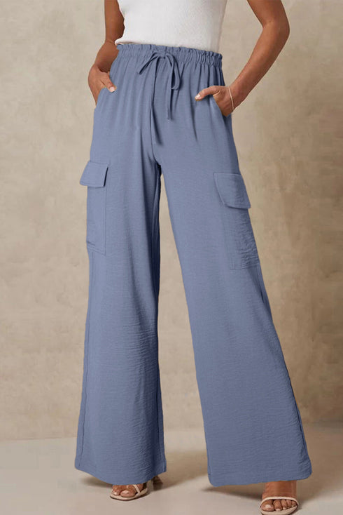 Frilled Elastic Waist Drawstring Wide Leg Utility Trousers