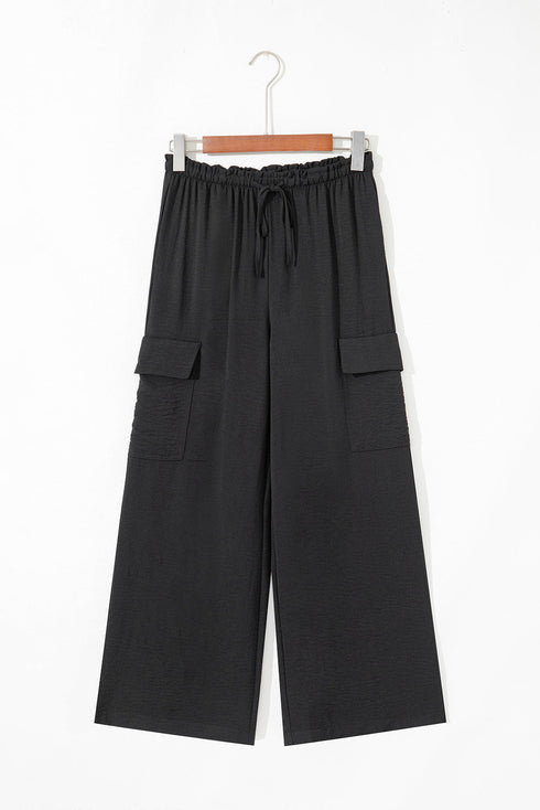 Frilled Elastic Waist Drawstring Wide Leg Utility Trousers