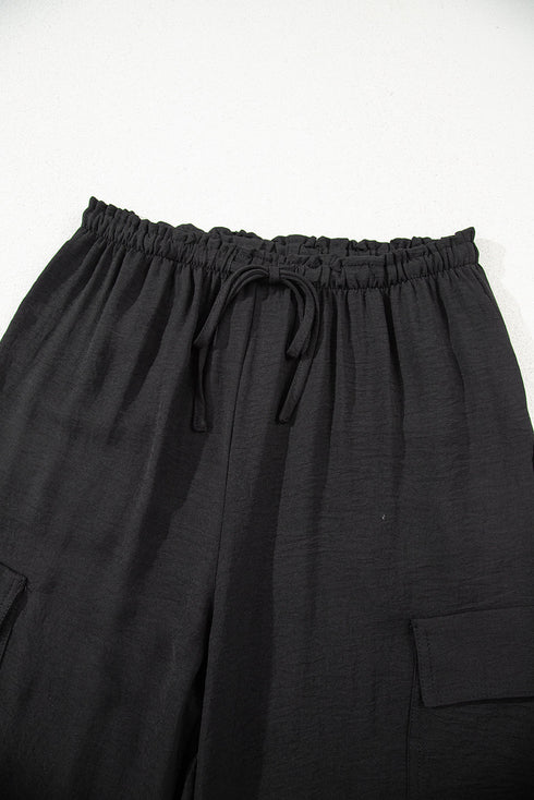 Frilled Elastic Waist Drawstring Wide Leg Utility Trousers