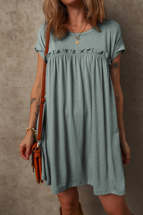 Frilled Gathe Seam Round Neck T Shirt Dress