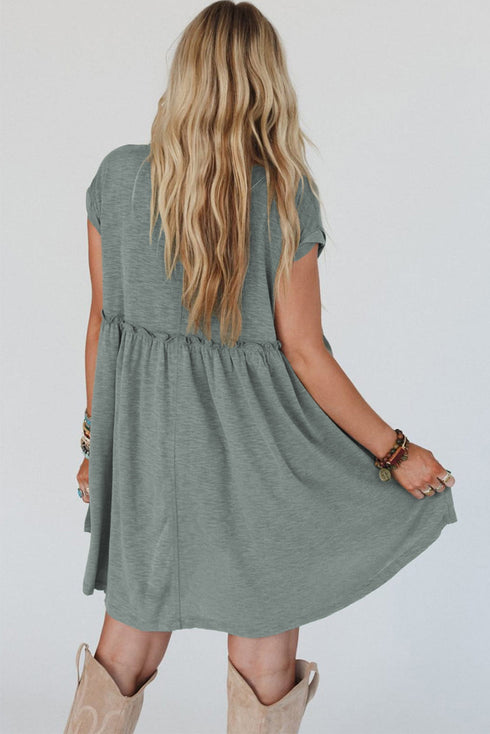 Frilled Gathe Seam Round Neck T Shirt Dress