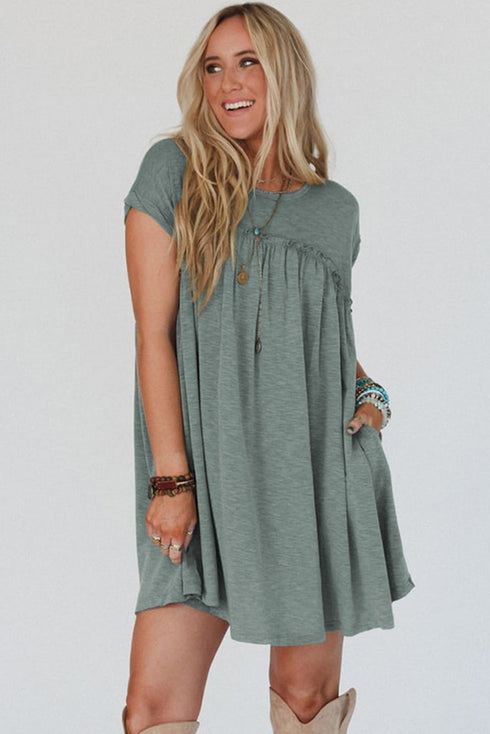 Frilled Gathe Seam Round Neck T Shirt Dress