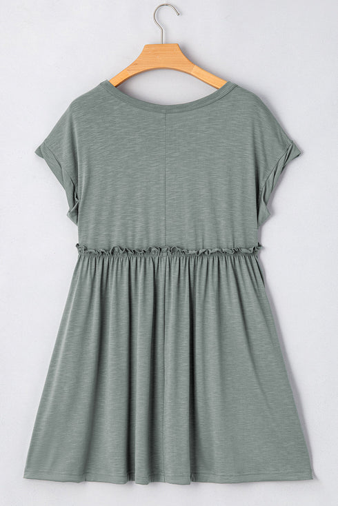 Frilled Gathe Seam Round Neck T Shirt Dress