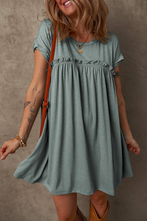 Frilled Gathe Seam Round Neck T Shirt Dress