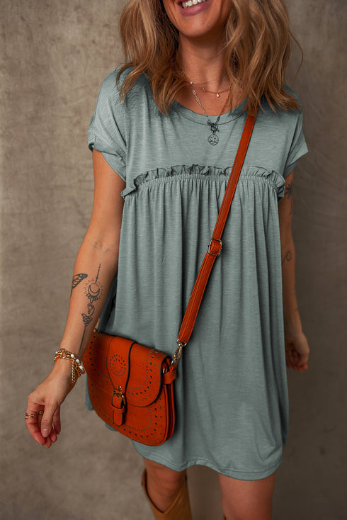 Frilled Gathe Seam Round Neck T Shirt Dress
