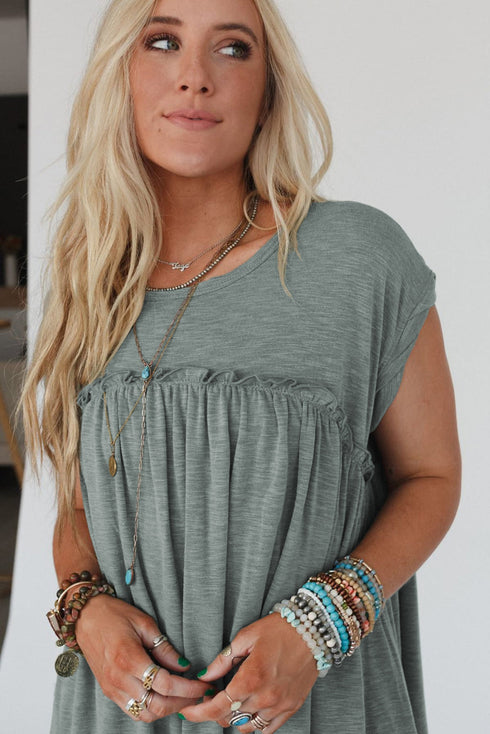Frilled Gathe Seam Round Neck T Shirt Dress