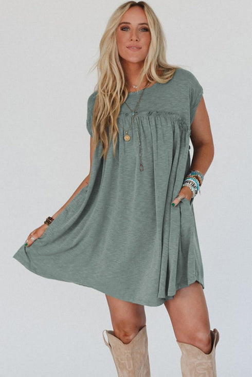 Frilled Gathe Seam Round Neck T Shirt Dress