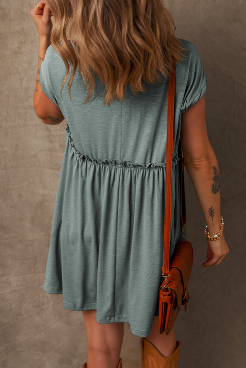 Frilled Gathe Seam Round Neck T Shirt Dress