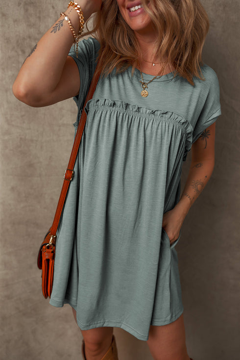 Frilled Gathe Seam Round Neck T Shirt Dress